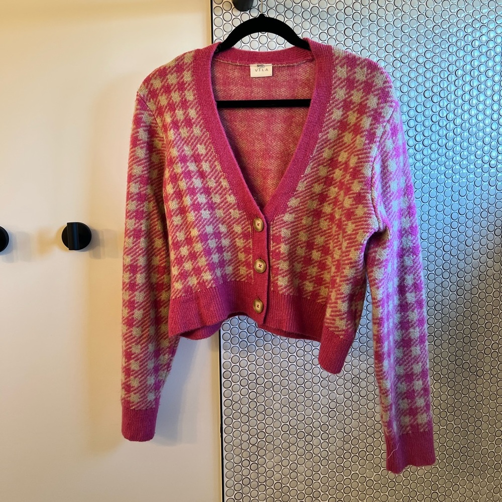 Pink and tan preppy cropped cardigan. Never worn